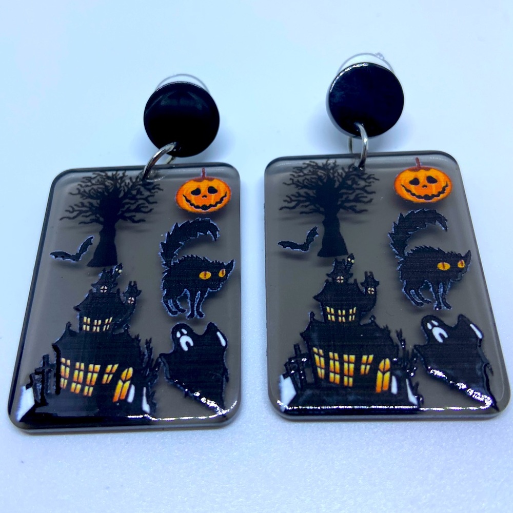 Halloween Black Cat & Pumpkin Drop Earrings - Women Accessories